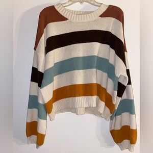 American Eagle Striped Crewneck Sweater in Cream, Brown & Mustard